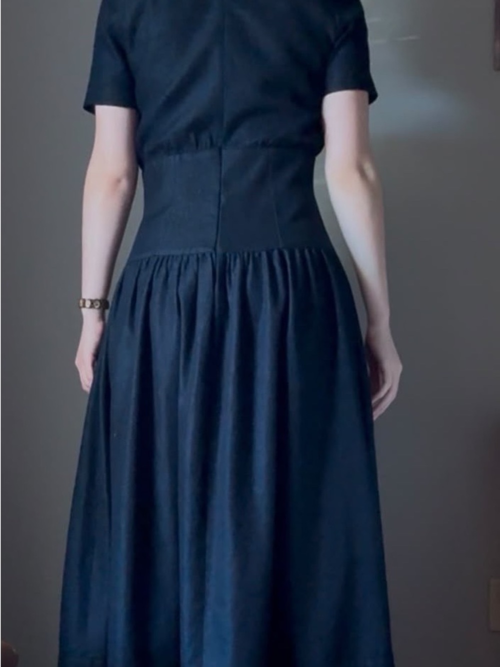 Zara Denim Short-Sleeve Maxi Dress with Fitted Waist.